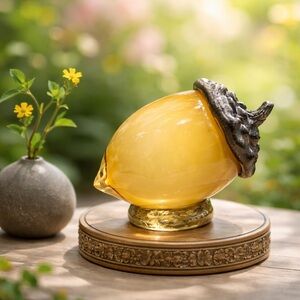 Beautiful art glass acorn a yellow body and a bronze sculpture or paperweight